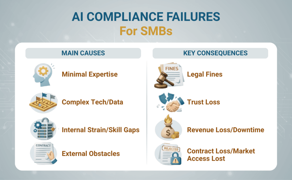 An infographic titled "AI Compliance Failures For SMBs" illustrating the primary triggers and outcomes of AI compliance pitfalls in Small and Medium-sized Businesses. The graphic is divided into two main columns: "MAIN CAUSES" on the left and "KEY CONSEQUENCES" on the left. Under Main Causes, it lists Minimal Expertise, Complex Tech/Data, Internal Strain/Skill Gaps, and External Obstacles, each accompanied by a relevant icon. Under Key Consequences, it outlines Legal Fines, Trust Loss, Revenue Loss/Downtime, and Contract Loss/Market Access Lost, illustrated with corresponding business and legal icons.