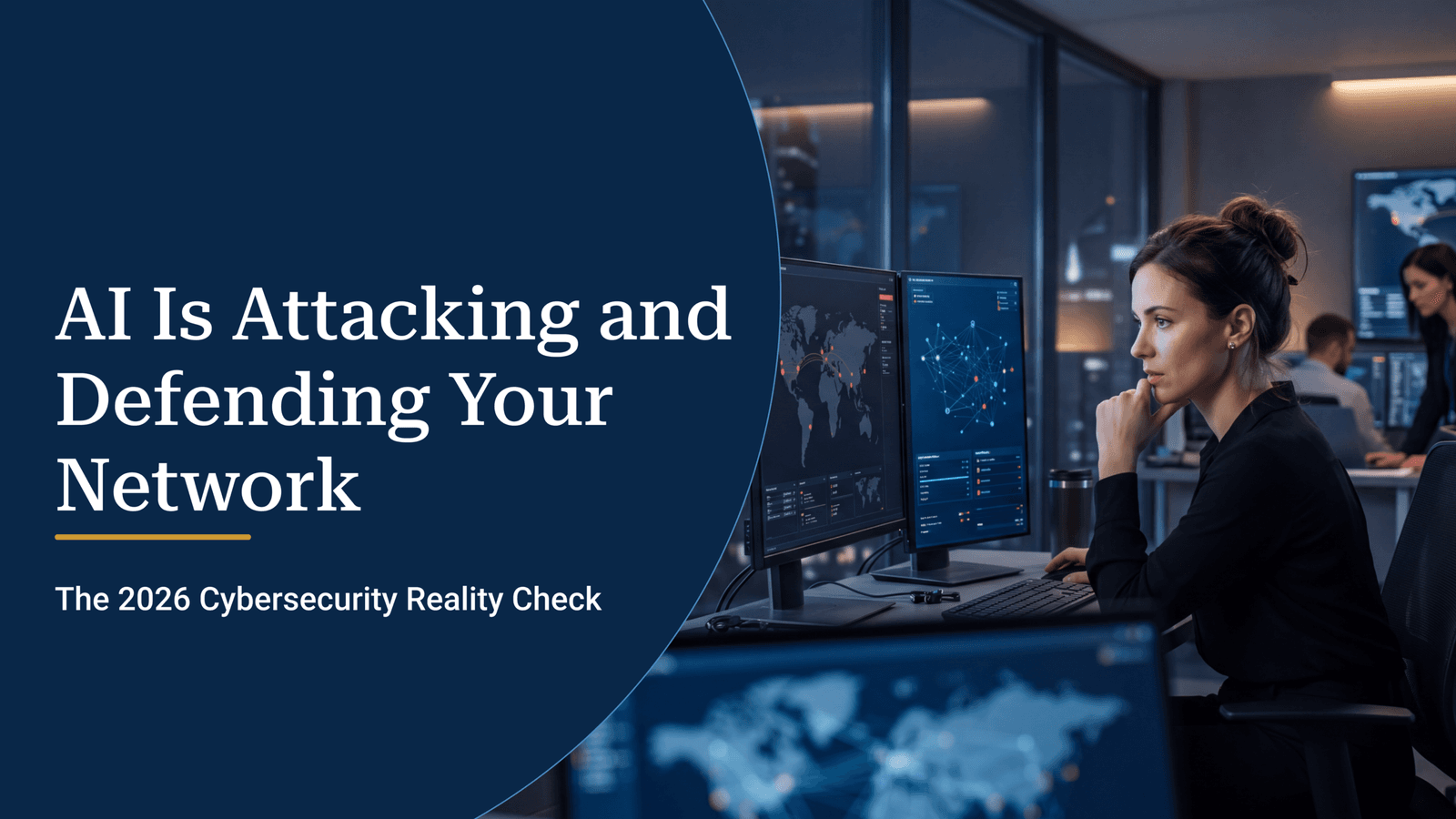 Cybersecurity professional monitoring a network as AI attacks and defends digital infrastructure