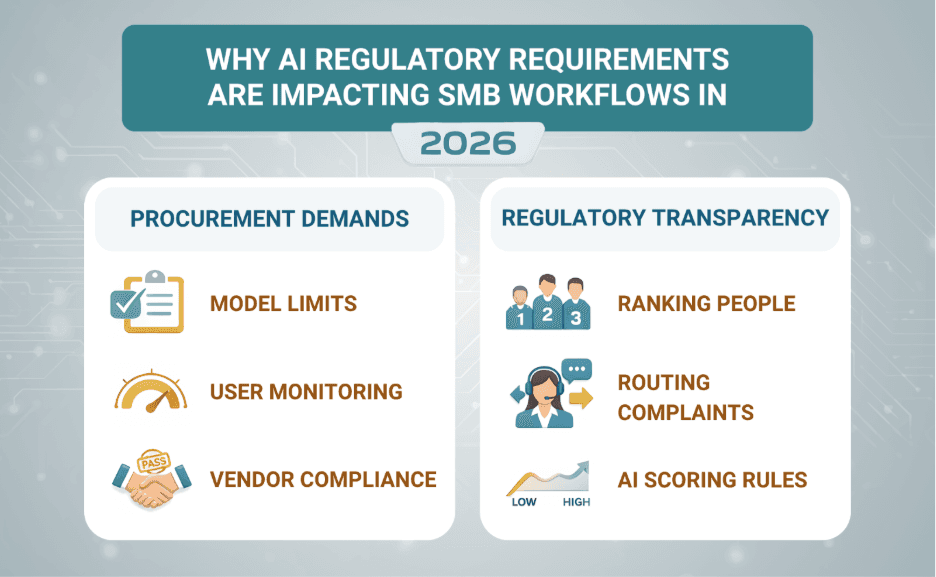 An infographic titled "Why AI Regulatory Requirements are Impacting SMB Workflows in 2026." It is divided into two sections: Procurement Demands (covering Model Limits, User Monitoring, and Vendor Compliance) and Regulatory Transparency (covering Ranking People, Routing Complaints, and AI Scoring Rules).