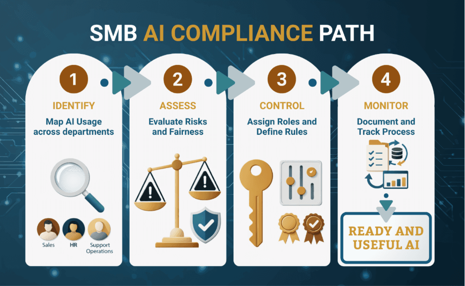 A four-step flow chart titled "SMB AI Compliance Path" leading to "Ready and Useful AI." Step 1: Identify (map AI usage across departments like Sales, HR, and Support); Step 2: Assess (evaluate risks and fairness); Step 3: Control (assign roles and define rules); Step 4: Monitor (document and track process).