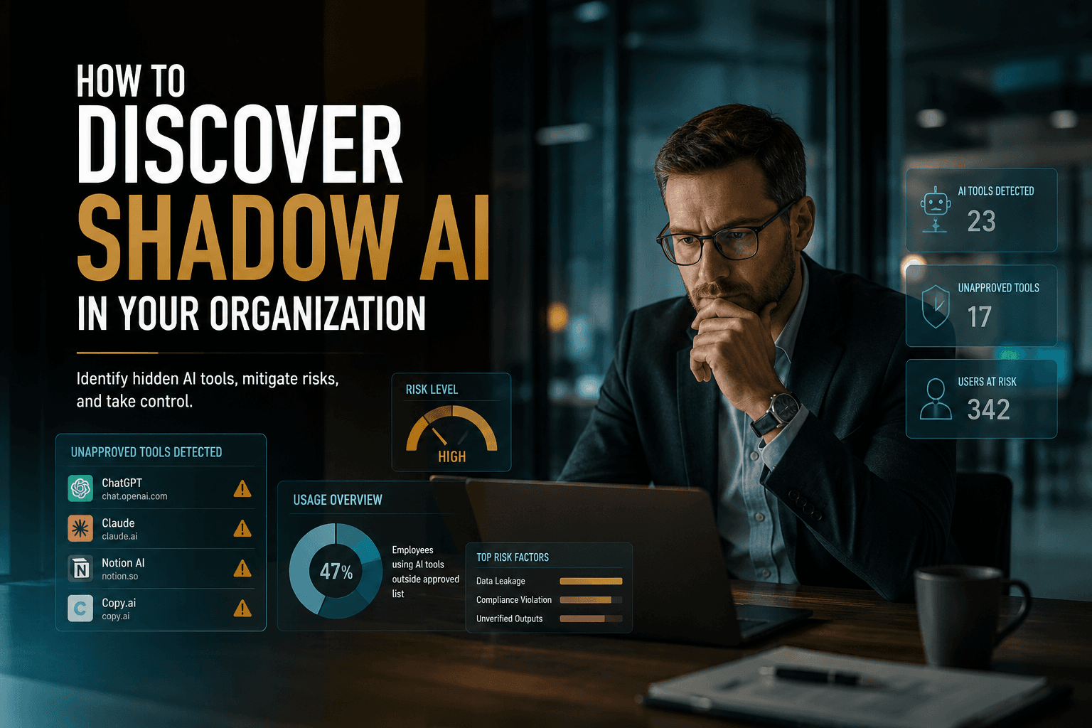 “Discover Shadow AI in Your Organization” featured image showing a cybersecurity professional analyzing hidden AI tools, compliance risks, and unauthorized AI usage across a corporate network in a modern office environment.