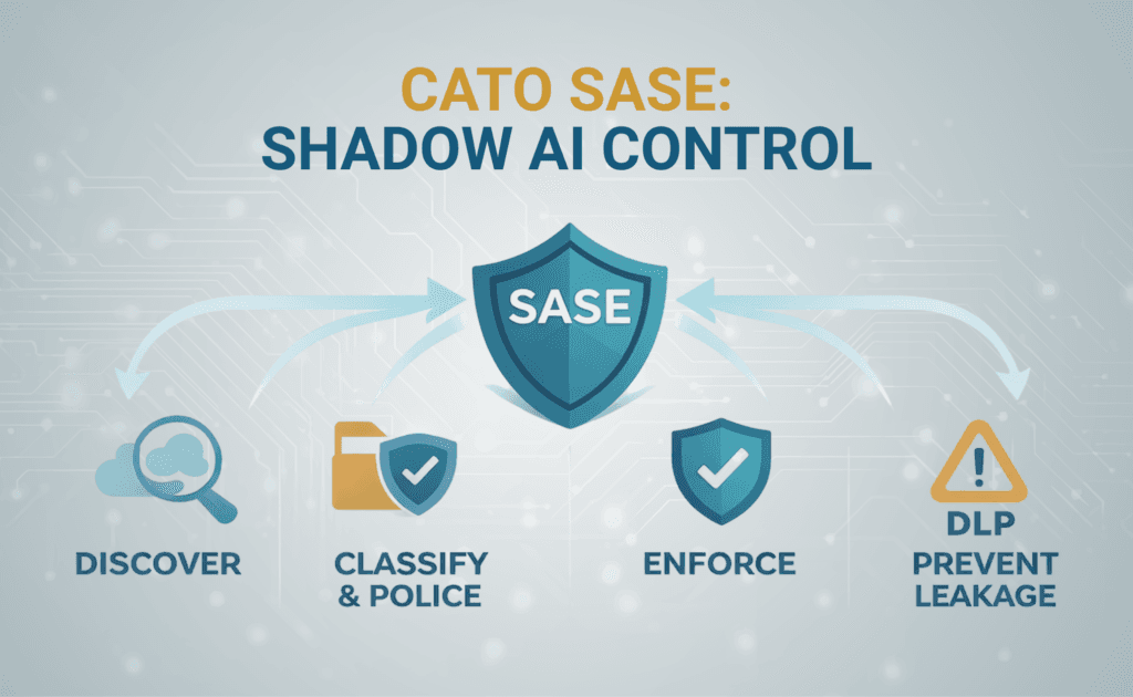 An infographic by Cato SASE detailing a four-step framework for Shadow AI Control to help organizations discover shadow AI, classify and police tools, enforce security policies, and prevent data leakage via DLP.
