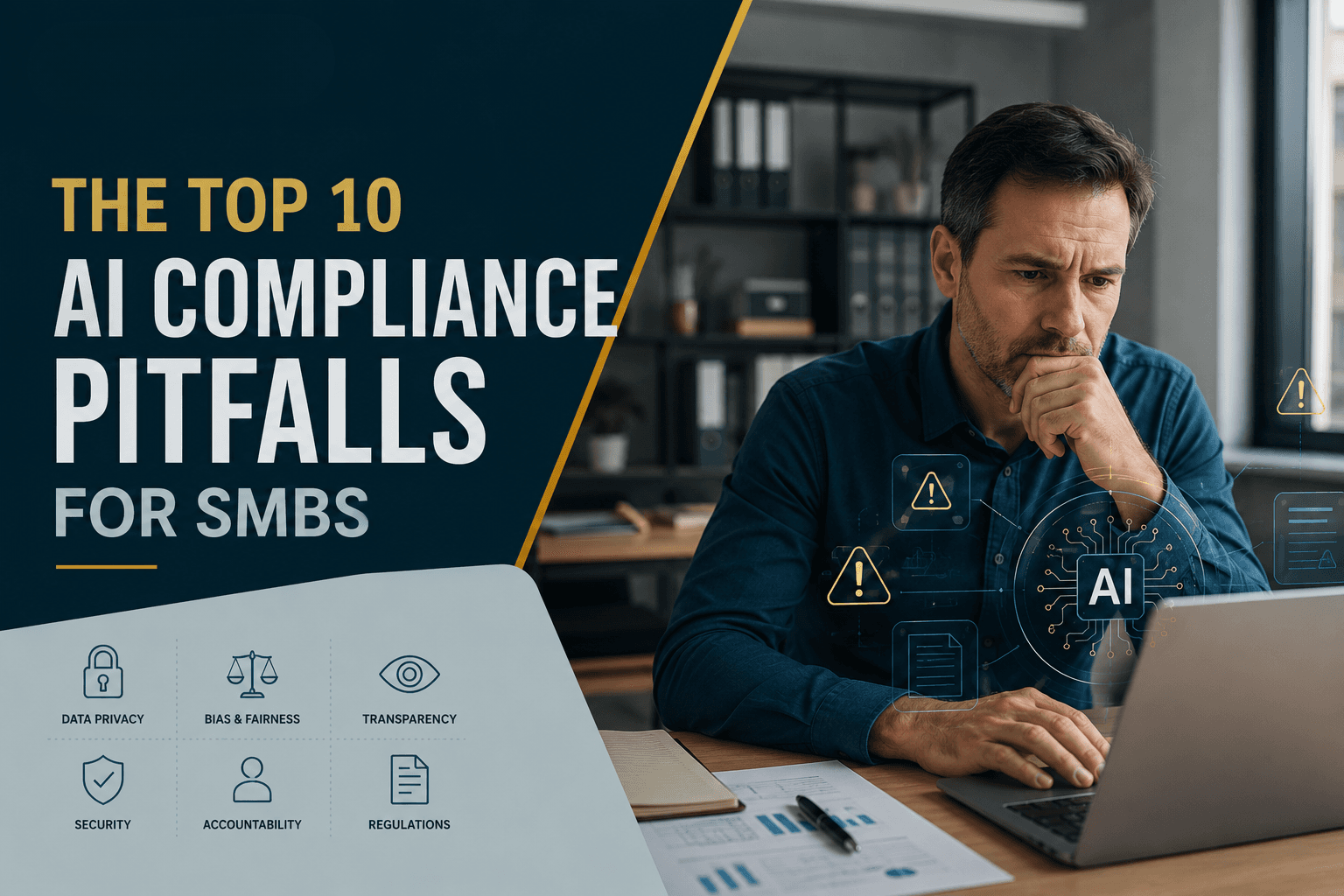 AI Compliance Pitfall featured image showing a business professional reviewing AI risk and compliance issues on a laptop, with cybersecurity warning icons, governance elements, and enterprise AI security visuals in a modern office setting.