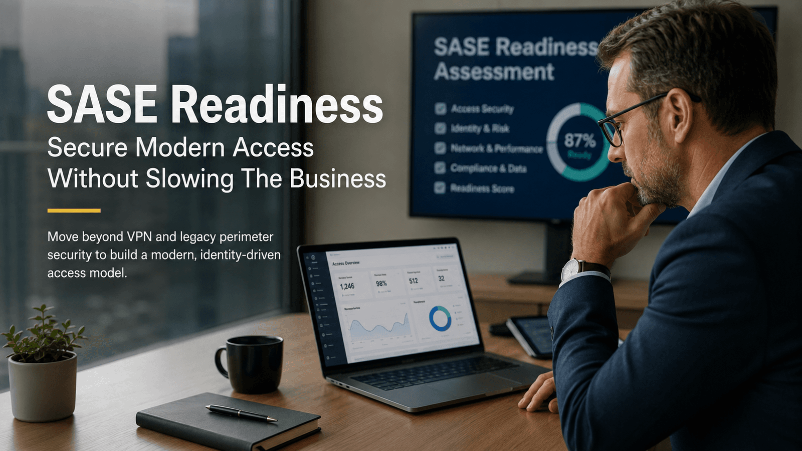 SASE readiness assessment showing a business leader reviewing secure access, identity security, network performance, compliance, and cloud access metrics.