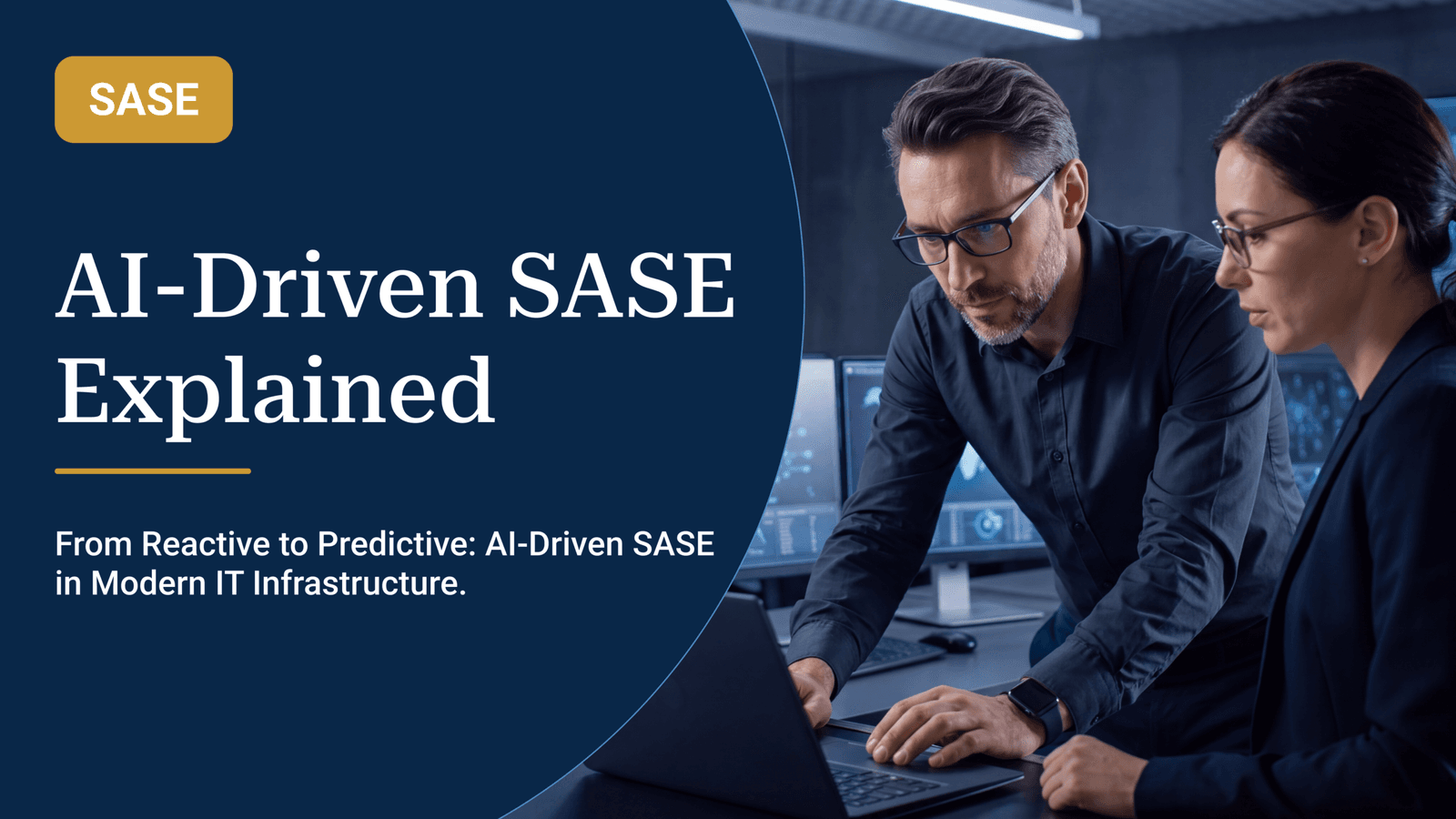 Digital conceptual graphic showing AI-driven SASE analyzing network behavior and automatically isolating cybersecurity threats in real-time.