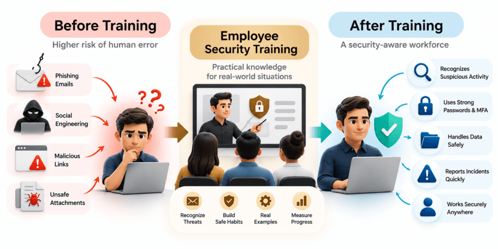 Infographic showing how employee security training helps reduce phishing, social engineering, and other human-related security risks